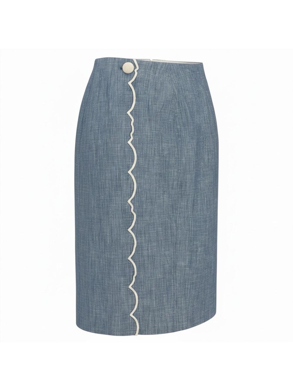 Downeast Women's Blue Pencil Skirt Size Small 4 Zipper In Back White Scalloped